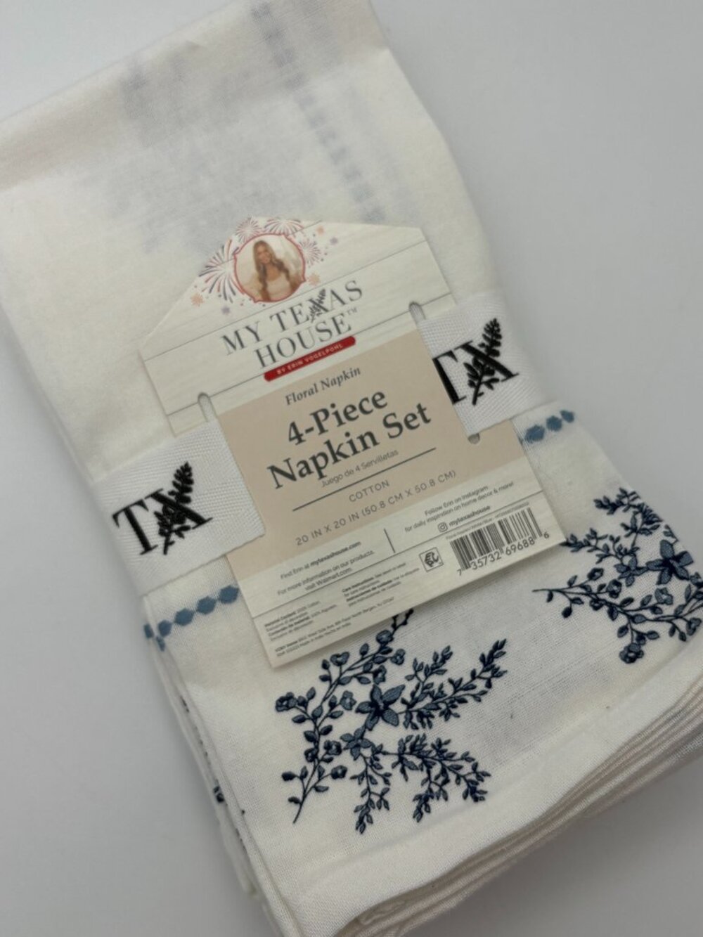 My Texas House Blue & White Floral Cotton Cloth Napkins, 20" x 20", 4 Count NWT